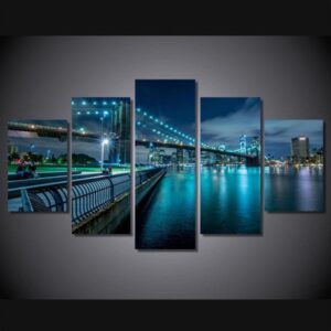 New York City Bridge At Evening 02 - Nature 5 Panel Canvas Art Wall Decor