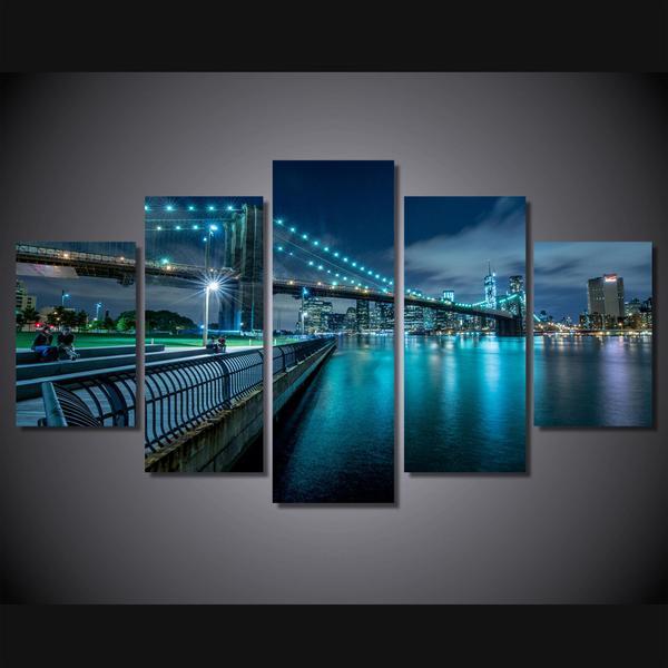 New York City Bridge At Evening 02 - Nature 5 Panel Canvas Art Wall Decor New York City Bridge At Evening 02 - Nature 5 Panel Canvas Art Wall Decor