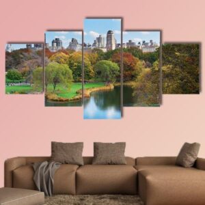 New York City Central Park In Autumn 1 - Nature 5 Panel Canvas Art Wall Decor