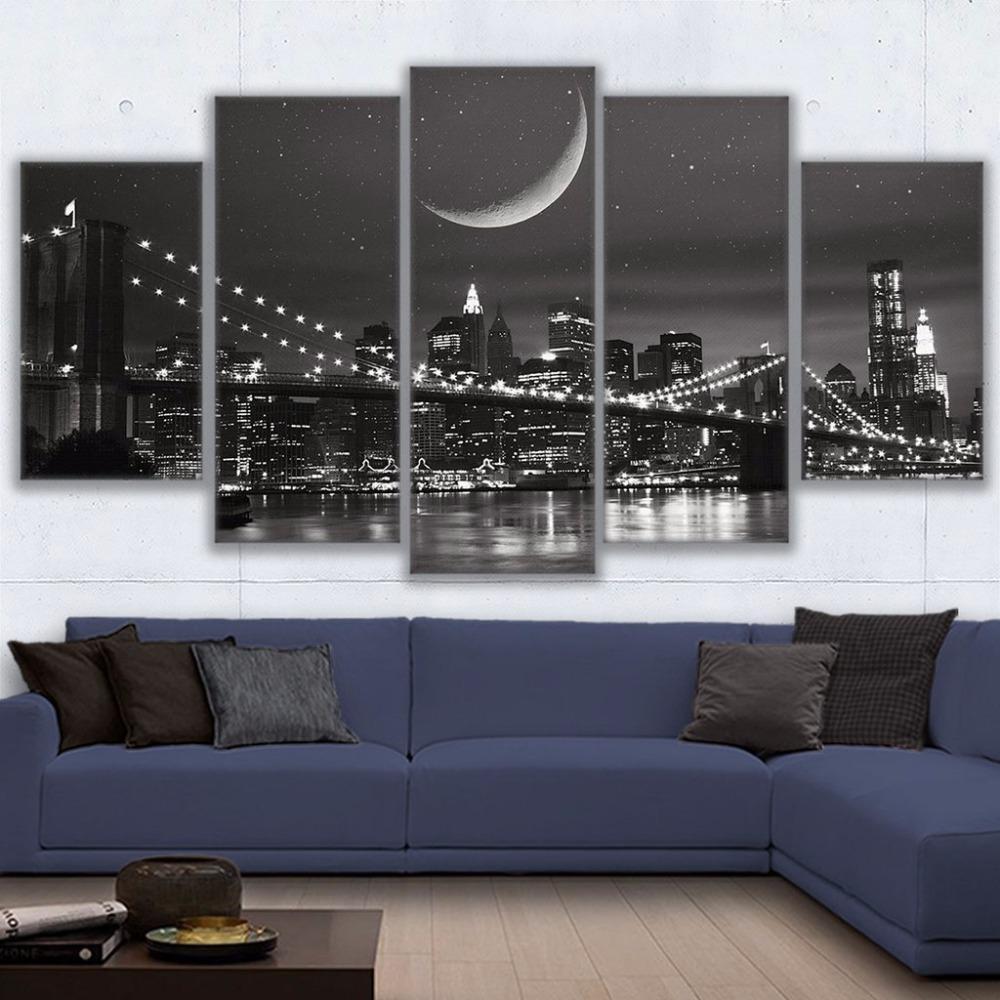 New York City Moonscape Brooklyn Bridge - Nature 5 Panel Canvas Art Wall Decor New York City Moonscape Brooklyn Bridge - Nature 5 Panel Canvas Art Wall Decor