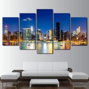 New York City Night Sky Modular Building Scenery - Nature 5 Panel Canvas Art Wall Decor