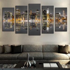 New York City Night Skyline Reflection - Nature 5 Panel Canvas Art Wall Decor