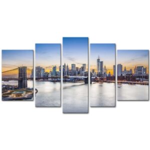 New York City Over East River Brooklyn Bridge - Nature 5 Panel Canvas Art Wall Decor