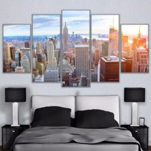 New York City Overhead Sky View Modern Buildings - Nature 5 Panel Canvas Art Wall Decor