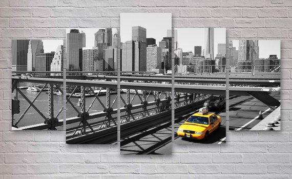 New York Yellow Taxi Cab - Automative 5 Panel Canvas Art Wall Decor New York Yellow Taxi Cab - Automative 5 Panel Canvas Art Wall Decor