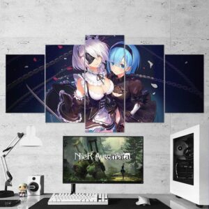 Nier Automata 2B Rem And Ram Re Zero - Gaming 5 Panel Canvas Art Wall Decor