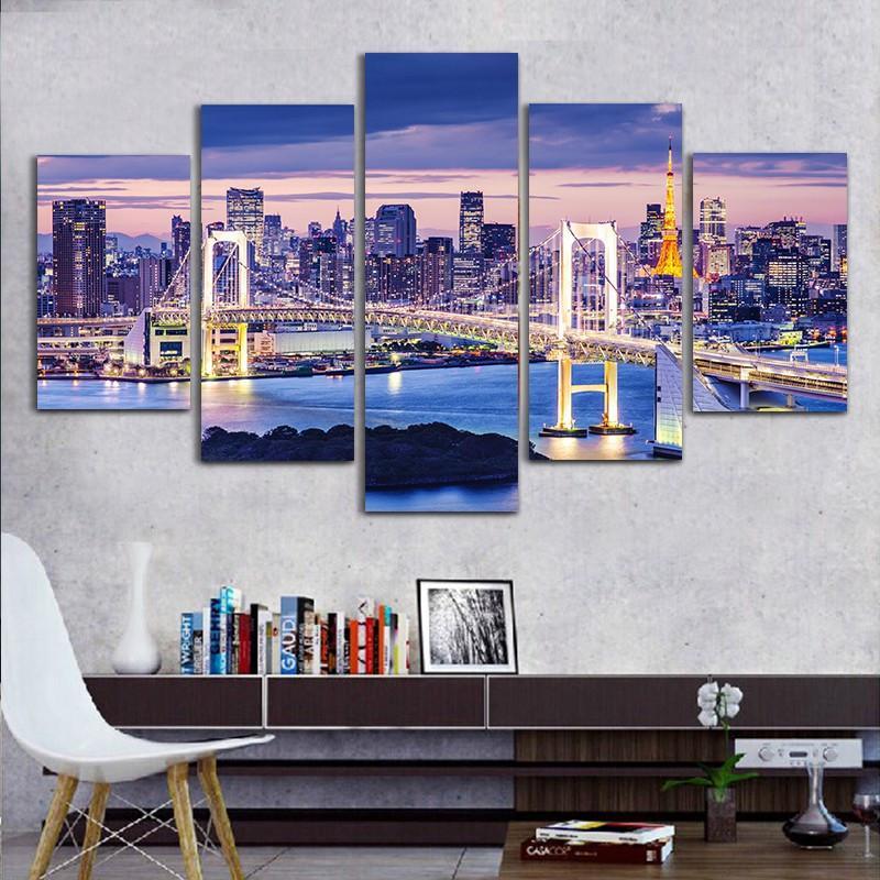 Night Building In Tokyo Bay - Nature 5 Panel Canvas Art Wall Decor Night Building In Tokyo Bay - Nature 5 Panel Canvas Art Wall Decor