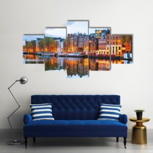 Night City View Of Amsterdam - Nature 5 Panel Canvas Art Wall Decor