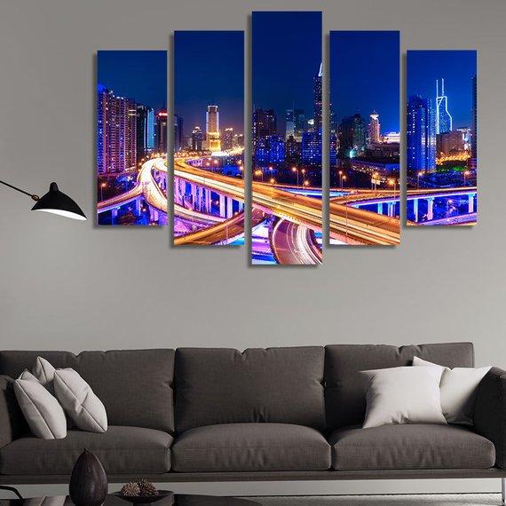 Night Shanghai China - Nature 5 Panel Canvas Art Wall Decor Night Shanghai China - Nature 5 Panel Canvas Art Wall Decor
