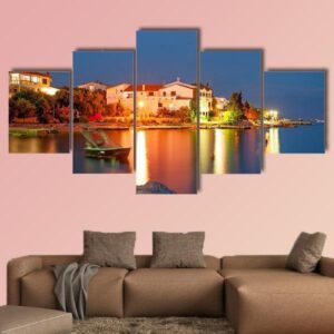 Night Time View Of Simuni Village On Pag Island - Nature 5 Panel Canvas Art Wall Decor