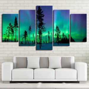 Night View Of Aurora Forest - Nature 5 Panel Canvas Art Wall Decor