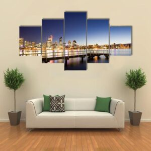 Night View Of Perth Across The River - Nature 5 Panel Canvas Art Wall Decor