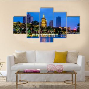 Night View Of Qingjiang Pu Building In Huaian - Nature 5 Panel Canvas Art Wall Decor
