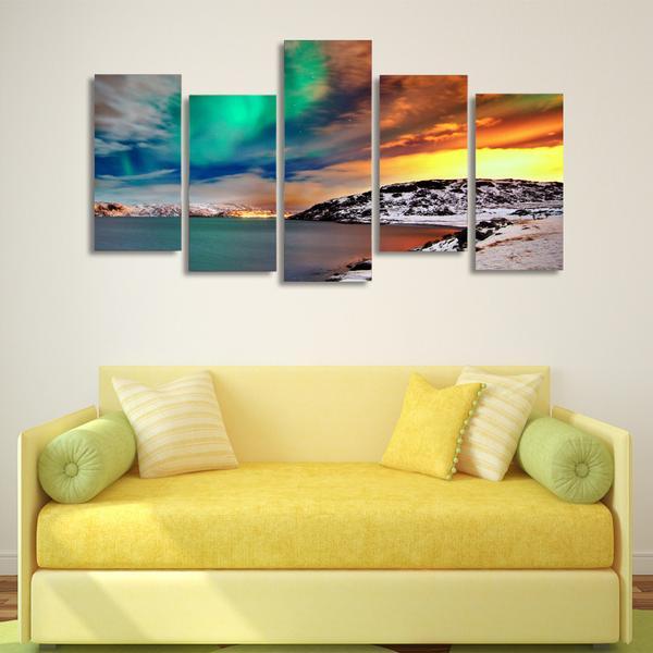 Nordic Snow Mountain Aurora - Nature 5 Panel Canvas Art Wall Decor Nordic Snow Mountain Aurora - Nature 5 Panel Canvas Art Wall Decor