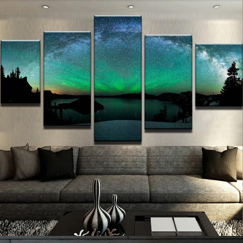 Northern Lights 1 - Nature 5 Panel Canvas Art Wall Decor Northern Lights 1 - Nature 5 Panel Canvas Art Wall Decor