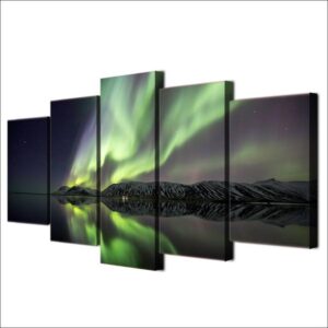 Northern Lights Aurora Lake Mountain - Nature 5 Panel Canvas Art Wall Decor