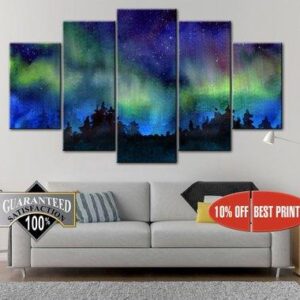 Northern Lights Landscape in Norway - Nature 5 Panel Canvas Art Wall Decor