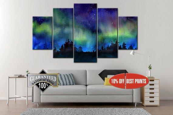 Northern Lights Landscape in Norway - Nature 5 Panel Canvas Art Wall Decor Northern Lights Landscape in Norway - Nature 5 Panel Canvas Art Wall Decor