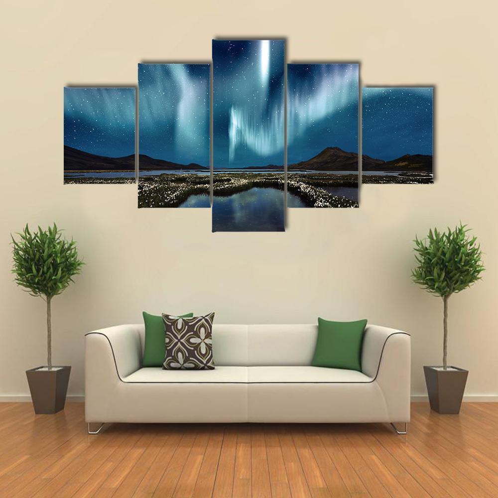 Northern Lights Over The Wildflowers - Nature 5 Panel Canvas Art Wall Decor Northern Lights Over The Wildflowers - Nature 5 Panel Canvas Art Wall Decor