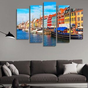 Nyhavn Pier In The Old Town Of Copenhagen - Nature 5 Panel Canvas Art Wall Decor