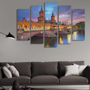 Oberbaum Bridge Berlin At Sunset - Nature 5 Panel Canvas Art Wall Decor