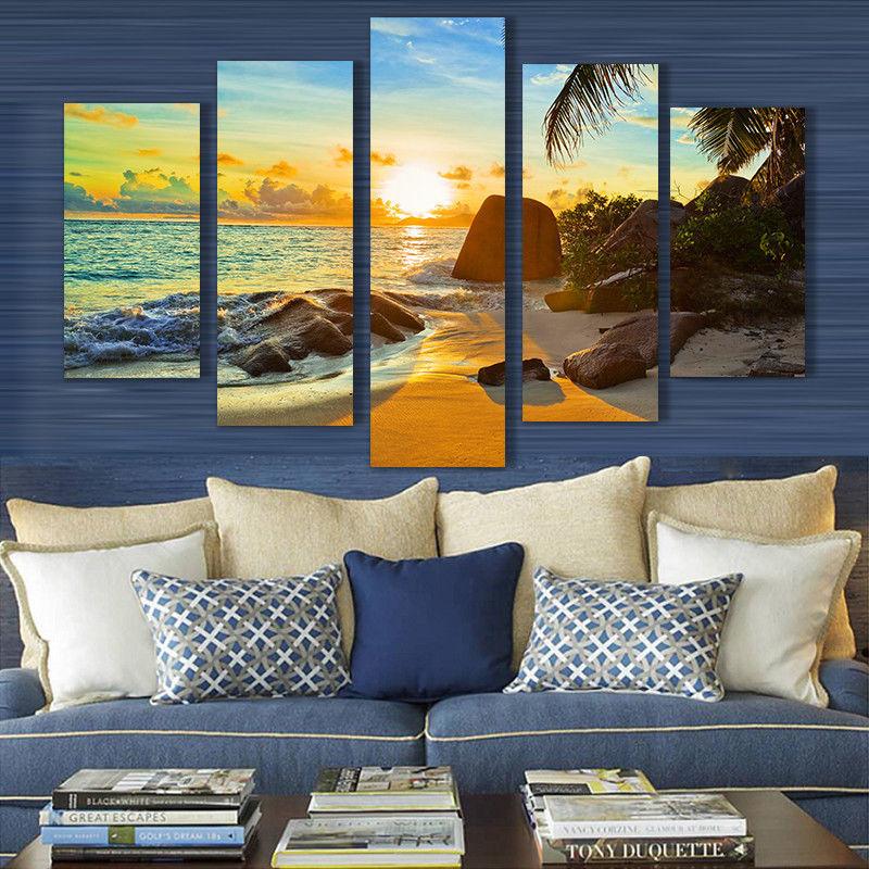 Ocean Beach Sunset - Nature 5 Panel Canvas Art Wall Decor Ocean Beach Sunset - Nature 5 Panel Canvas Art Wall Decor