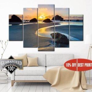 Ocean Sea Palm Sunset 1 - Nature 5 Panel Canvas Art Wall Decor