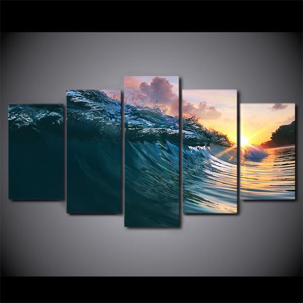 Ocean Surf Wave Surfing At Sunset 01 - Nature 5 Panel Canvas Art Wall Decor Ocean Surf Wave Surfing At Sunset 01 - Nature 5 Panel Canvas Art Wall Decor