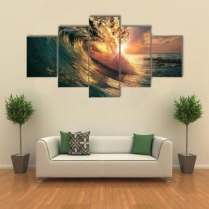 Ocean Wave At Sunset Time - Nature 5 Panel Canvas Art Wall Decor