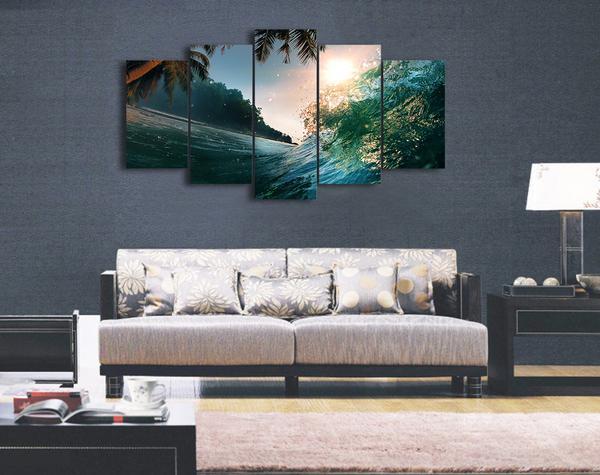 Ocean Wave With Palm Tree 05 - Space 5 Panel Canvas Art Wall Decor Ocean Wave With Palm Tree 05 - Space 5 Panel Canvas Art Wall Decor