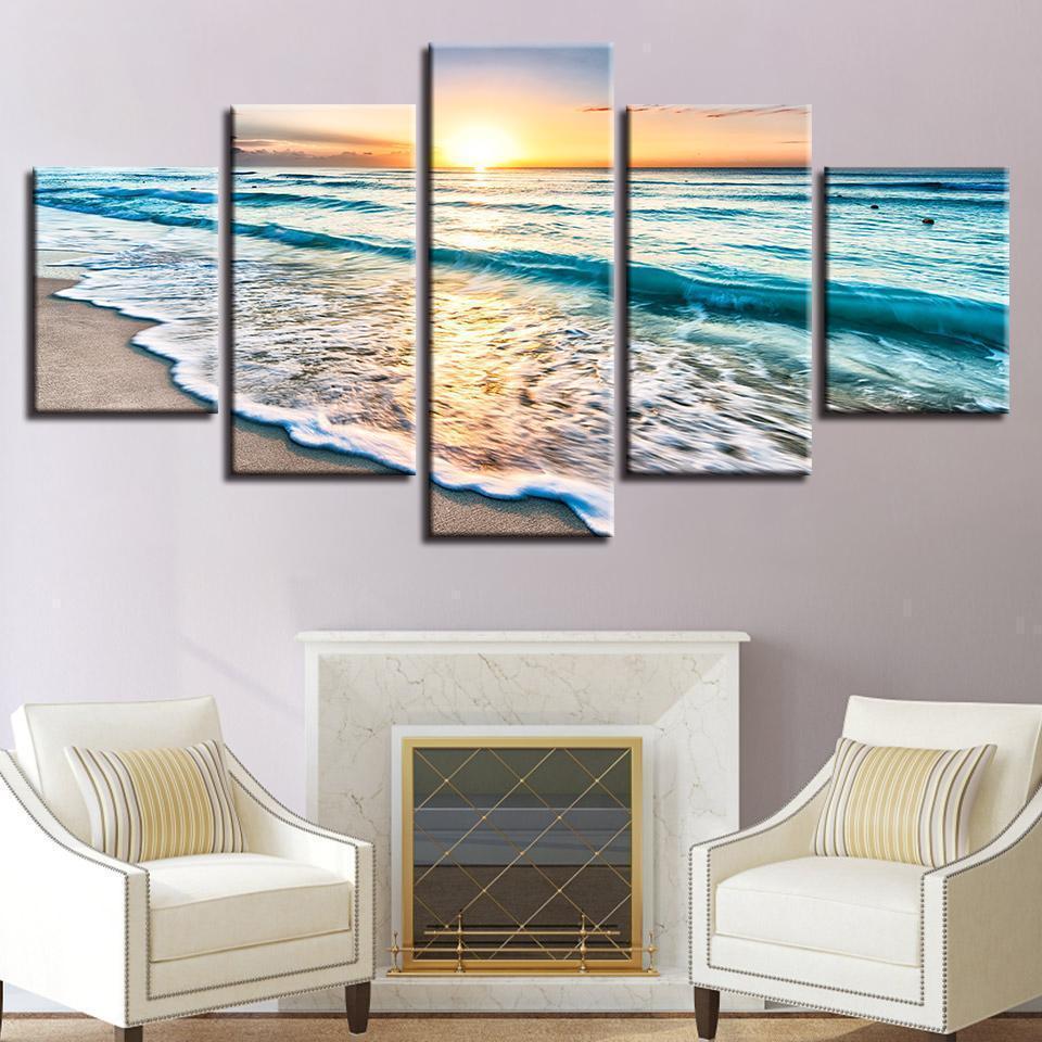 Ocean Waves In Sunset Nature - 5 Panel Canvas Art Wall Decor Ocean Waves In Sunset Nature - 5 Panel Canvas Art Wall Decor