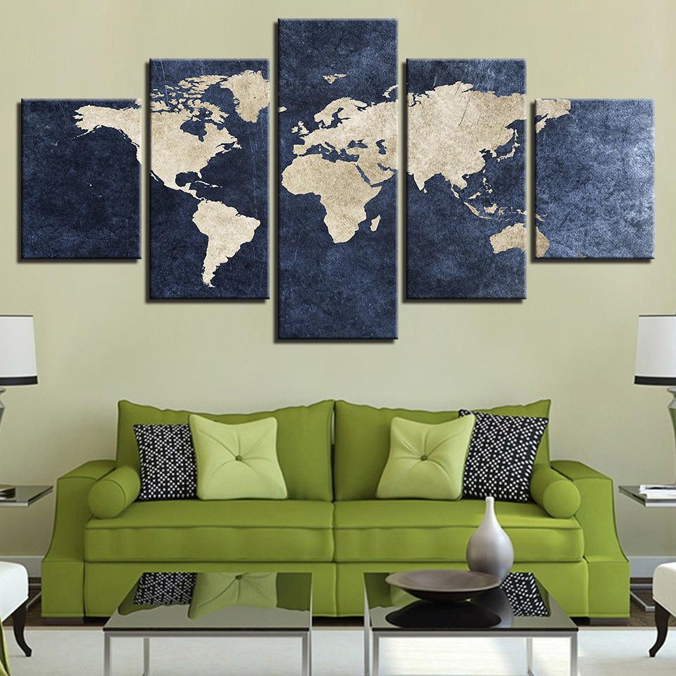 Office Gray Blue World Map Abstract - World Map 5 Panel Canvas Art Wall Decor Office Gray Blue World Map Abstract - World Map 5 Panel Canvas Art Wall Decor