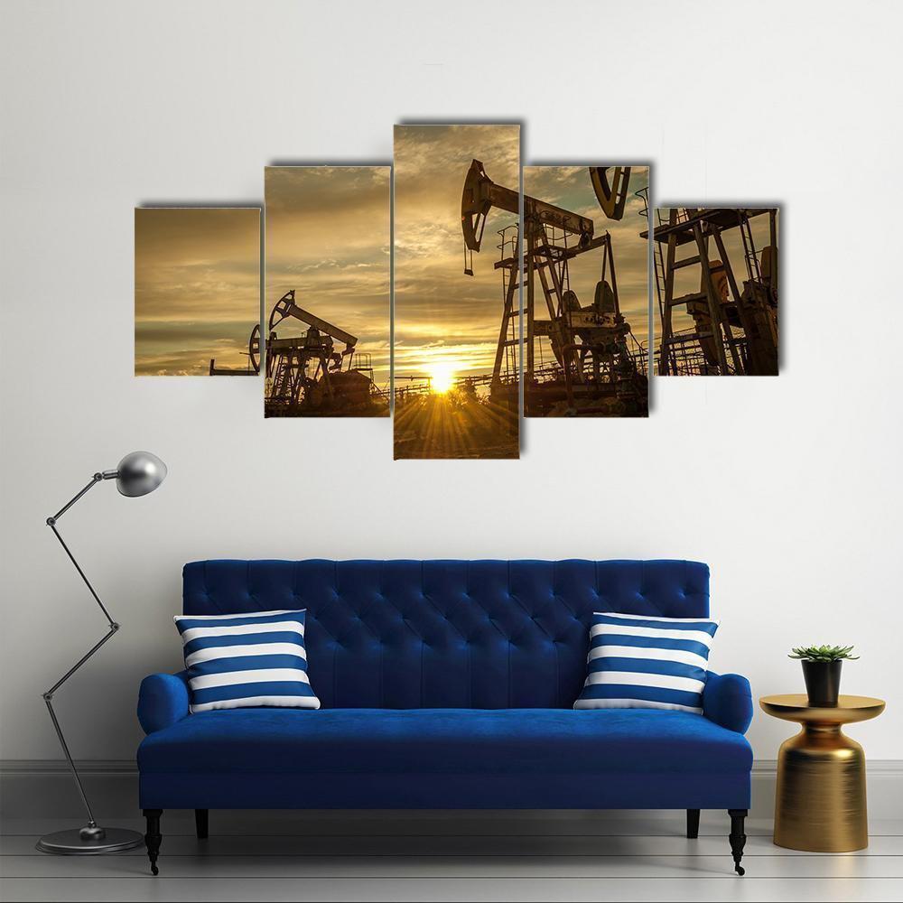 Oil Pump Jacks At Sunset Sky Nature - 5 Panel Canvas Art Wall Decor Oil Pump Jacks At Sunset Sky Nature - 5 Panel Canvas Art Wall Decor