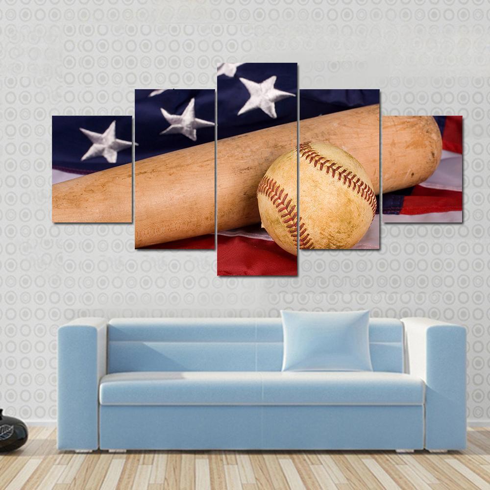 Old Baseball And Bat With American Flag - Sport 5 Panel Canvas Art Wall Decor Old Baseball And Bat With American Flag - Sport 5 Panel Canvas Art Wall Decor