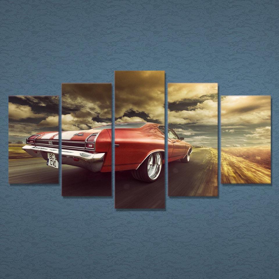 Old School Vintage Red Ca - Automative 5 Panel Canvas Art Wall Decor Old School Vintage Red Ca - Automative 5 Panel Canvas Art Wall Decor