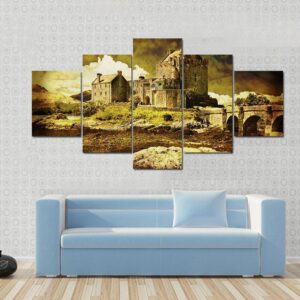Old Scottish Castle In Distressed Vintage Style - Nature 5 Panel Canvas Art Wall Decor