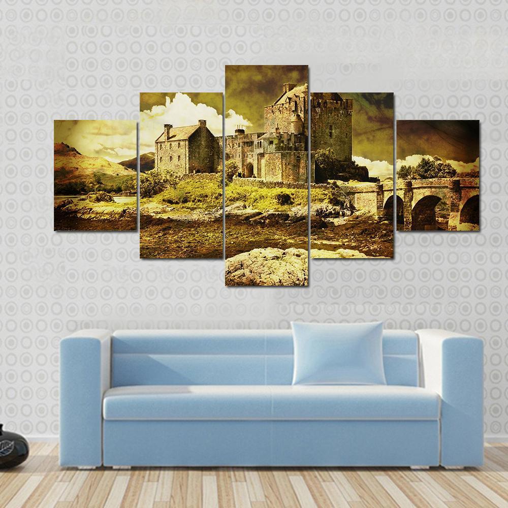 Old Scottish Castle In Distressed Vintage Style - Nature 5 Panel Canvas Art Wall Decor Old Scottish Castle In Distressed Vintage Style - Nature 5 Panel Canvas Art Wall Decor