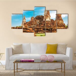 Old Temple Wat Of Ayutthaya - Nature 5 Panel Canvas Art Wall Decor