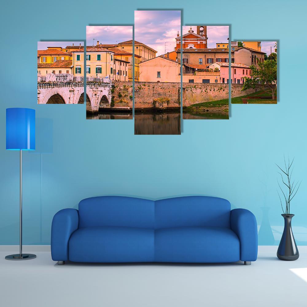 Old Town Rimini With Bridge In The Morning - Nature 5 Panel Canvas Art Wall Decor Old Town Rimini With Bridge In The Morning - Nature 5 Panel Canvas Art Wall Decor