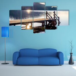 Old Wooden Jetty In Kirchsee Lake - Nature 5 Panel Canvas Art Wall Decor