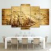 Old World Map With Ship For Living Room Office - World Map 5 Panel Canvas Art Wall Decor