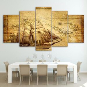 Old World Map With Ship For Living Room Office - World Map 5 Panel Canvas Art Wall Decor