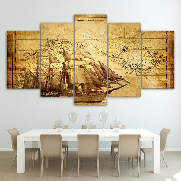 Old World Map With Ship For Living Room Office - World Map 5 Panel Canvas Art Wall Decor Old World Map With Ship For Living Room Office - World Map 5 Panel Canvas Art Wall Decor