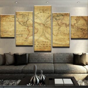 Old World Rustic Map - Abstract 5 Panel Canvas Art Wall Decor