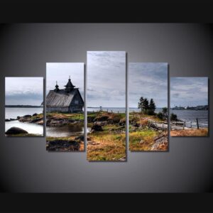 Old small house on river shore - Nature 5 Panel Canvas Art Wall Decor