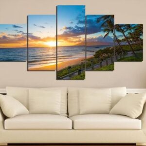 On The Boardwalk During Sunset Sunrise - Nature 5 Panel Canvas Art Wall Decor