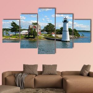 One Island In Thousand Islands Region In Fall Of New York State - Nature 5 Panel Canvas Art Wall Decor