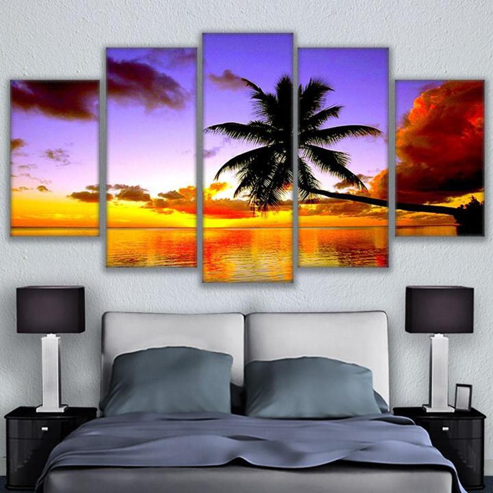 Orange And Rsky Palm Tree Sea - Nature 5 Panel Canvas Art Wall Decor Orange And Rsky Palm Tree Sea - Nature 5 Panel Canvas Art Wall Decor