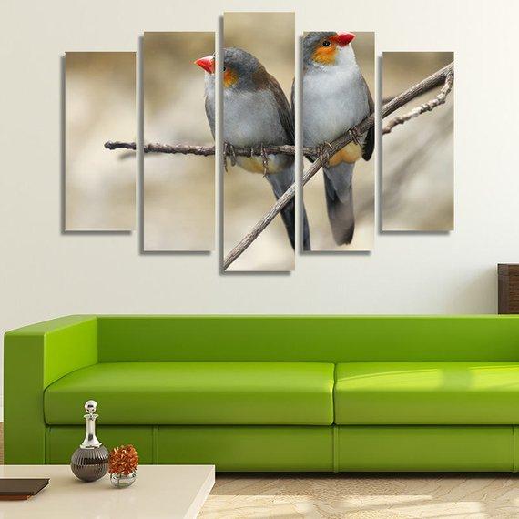 Orange Cheeked Birds Perched On A Twig - Animal 5 Panel Canvas Art Wall Decor Orange Cheeked Birds Perched On A Twig - Animal 5 Panel Canvas Art Wall Decor