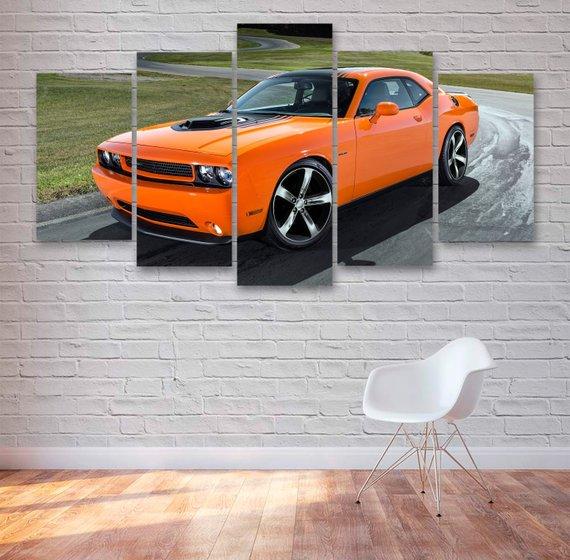 Orange Dodge Challenger Muscle Car - Automative 5 Panel Canvas Art Wall Decor Orange Dodge Challenger Muscle Car - Automative 5 Panel Canvas Art Wall Decor